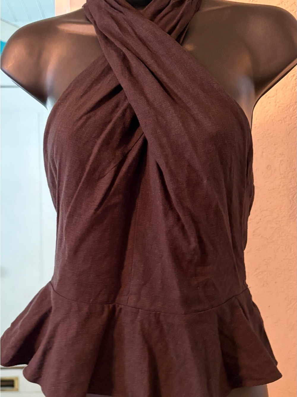 Steve Madden Black Linen Blend Halter Peplum Top